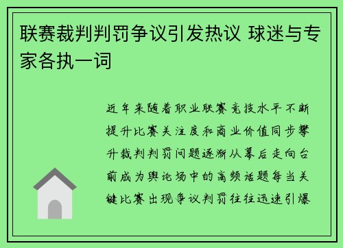 联赛裁判判罚争议引发热议 球迷与专家各执一词